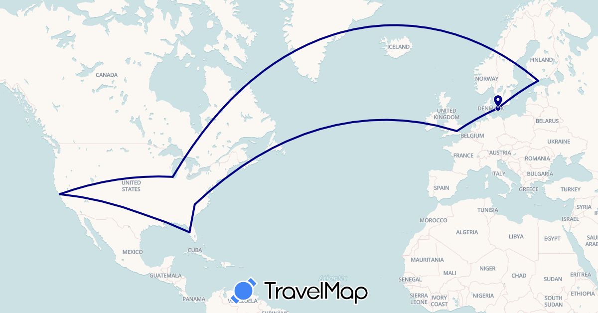 TravelMap itinerary: driving in Denmark, Finland, United Kingdom, United States (Europe, North America)